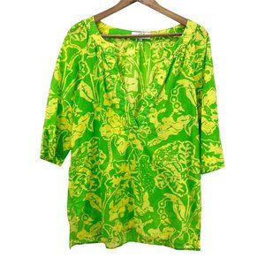 TIBI Vibrant Green Yellow Tunic Swimsuit Cover-Up Cotton Size S